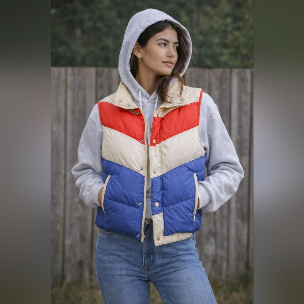 70s Campus Down Puffer Vest Chevron Colorblock Ski Gorpcore USA XS Youth L